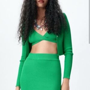 Zara Green Knit Skirt Top and Sweater Set